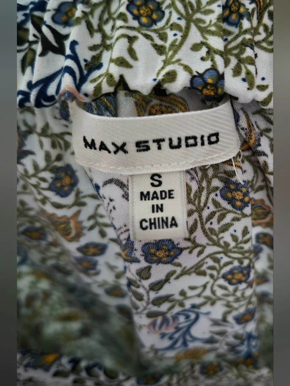 Max Studio Cream Floral Maxi Dress with Blue and Olive Floral Print And Bow